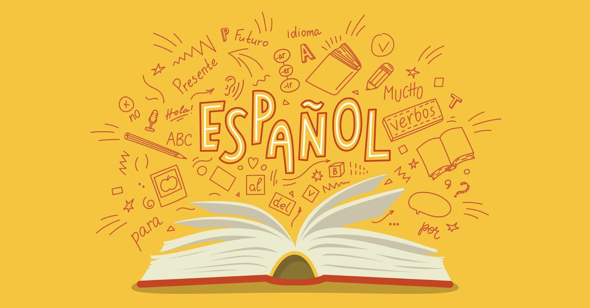 Illustration of an open book on a yellow background with the word "Espanol" above it along with line sketches of Spanish words and education related objects such as pencils and books.