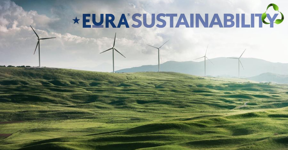 Wind turbines atop grassy hill with EuRA Sustainability Logo