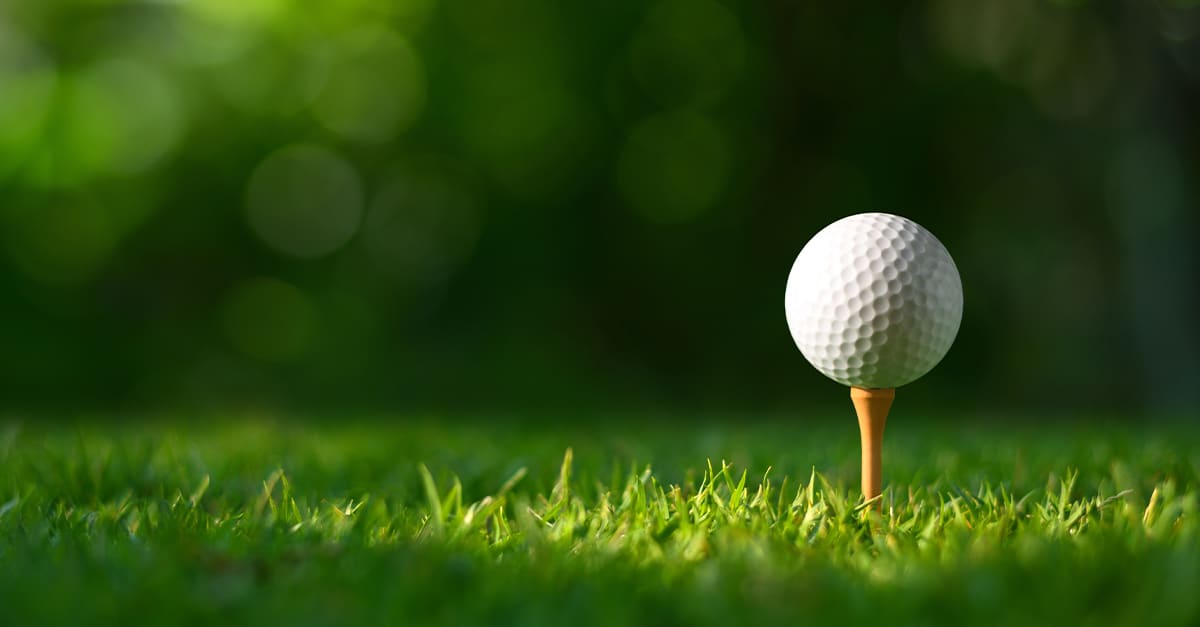 Closeup of golf ball on a tee in grass.
