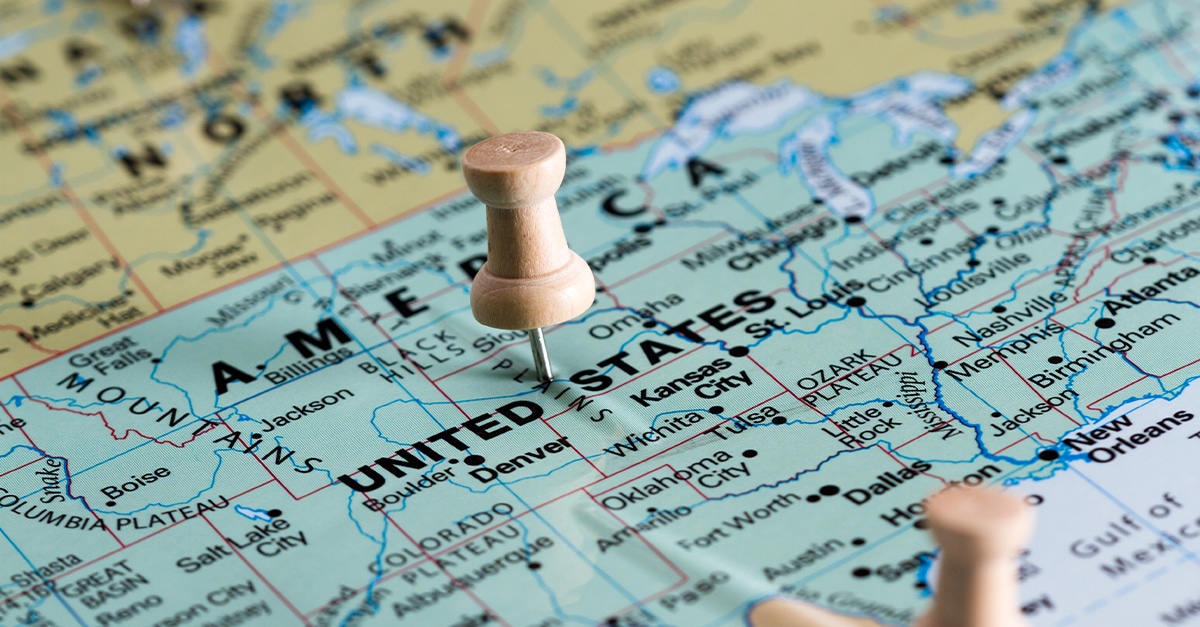 world map view with the United States in focus with a shallow depth of field