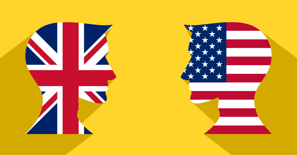 How U.S. and British English Differ - illustrated concept with the shapes two faces staring at each other, one filled with the British flag, and the other with the American flag, on a yellow background