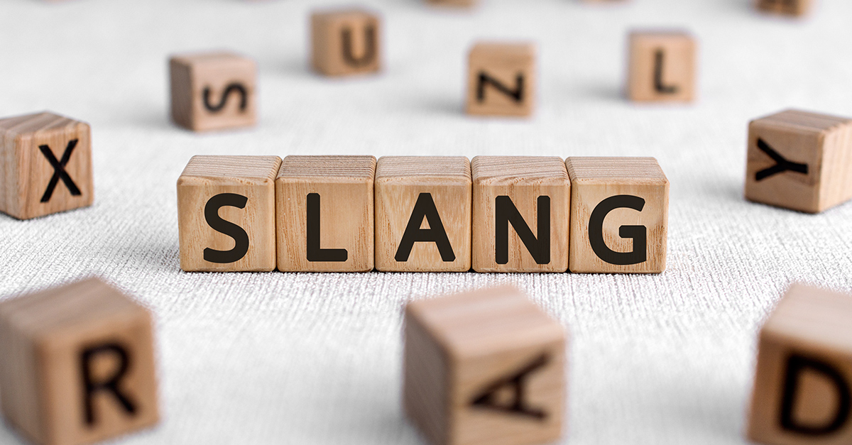 Slang - words from wooden blocks with letters, a type of language slang concept, white background