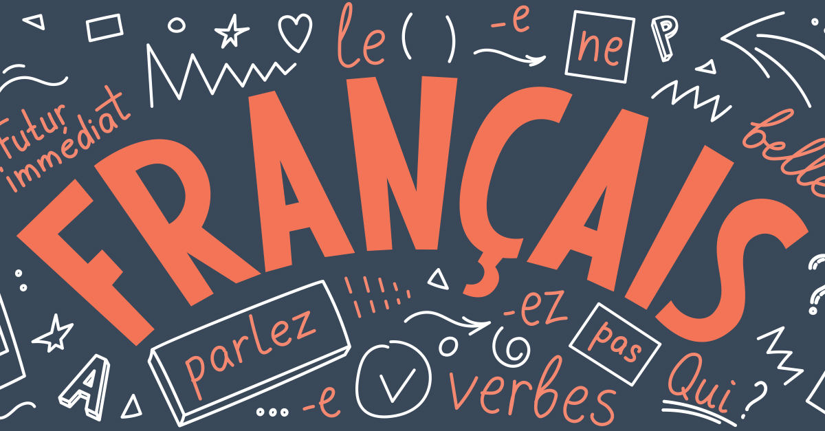 Francais. Translation: "French". French language hand drawn doodles and lettering. French Dialects