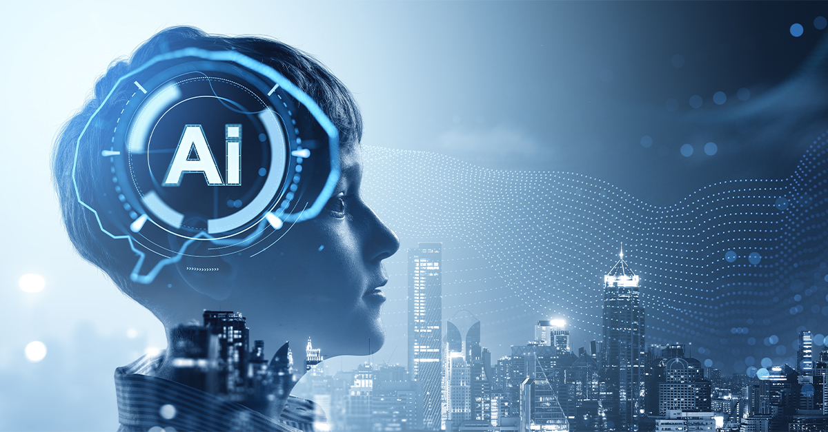 Side view of a human's head with a glowing AI hologram interface overlay, futuristic digital style, cityscape background, illustrating the blog topic "How AI and Humans Will Collaborate in Global Teams: The Future of Multilingual Workplaces"