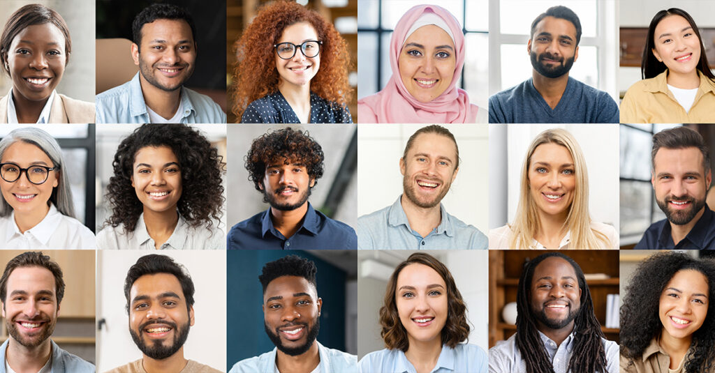 Grid of multilingual professionals smiling, multilingual workforce, multilingual leadership
