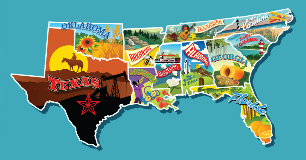 Illustrated pictorial map of southern United States. Includes Oklahoma, Texas, Arkansas Louisiana, Mississippi, Tennessee, North Carolina, South Carolina, Alabama, Georgia, and Florida.