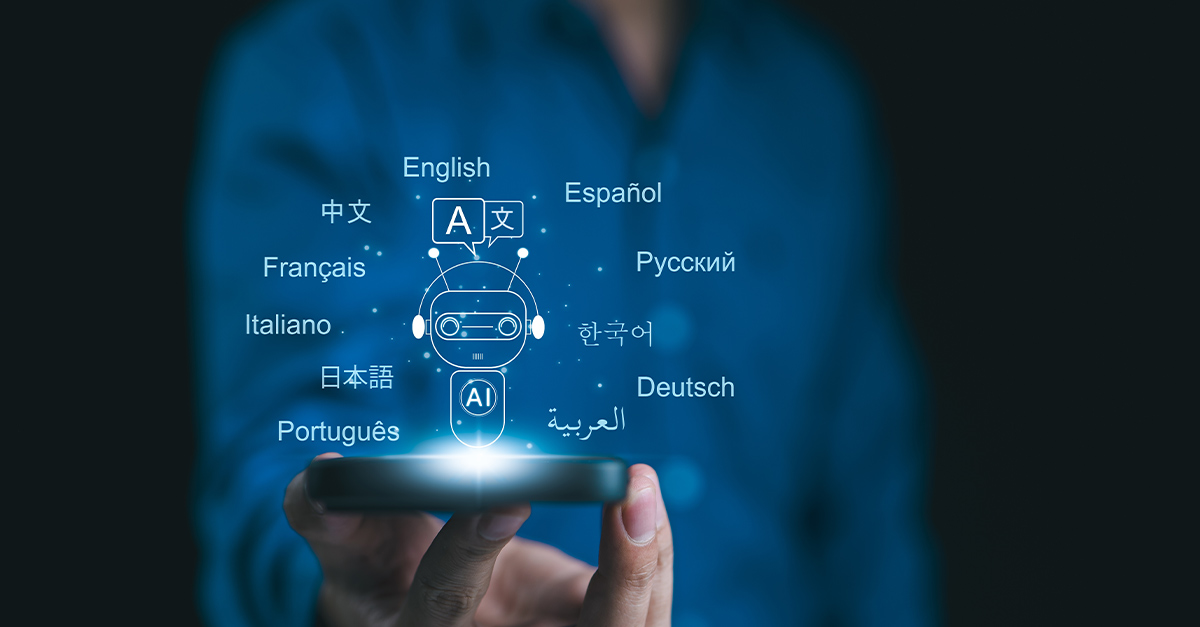 AI-Powered Language Tools Concept. A person holds smartphone displaying an AI-powered language translation app. Screen features robot and multiple languages, symbolizing global communication.