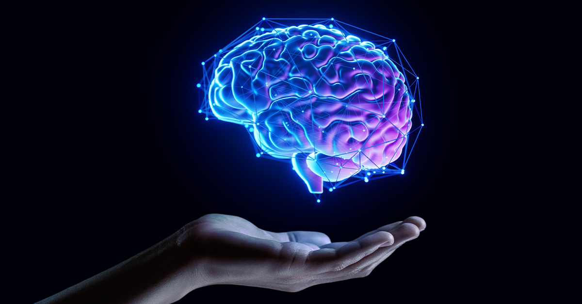 Outstretched hand with futuristic image of a brain above it | Illustrating blog concept The Science of Language Retention: Tips for Keeping Language Skills Sharp