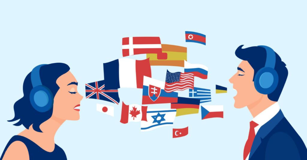 Illustration of a professional woman and a man in headphones speaking different languages symbolized by various countries' flags in between them, illustrating the blog topic How to Overcome Language Barriers at Work